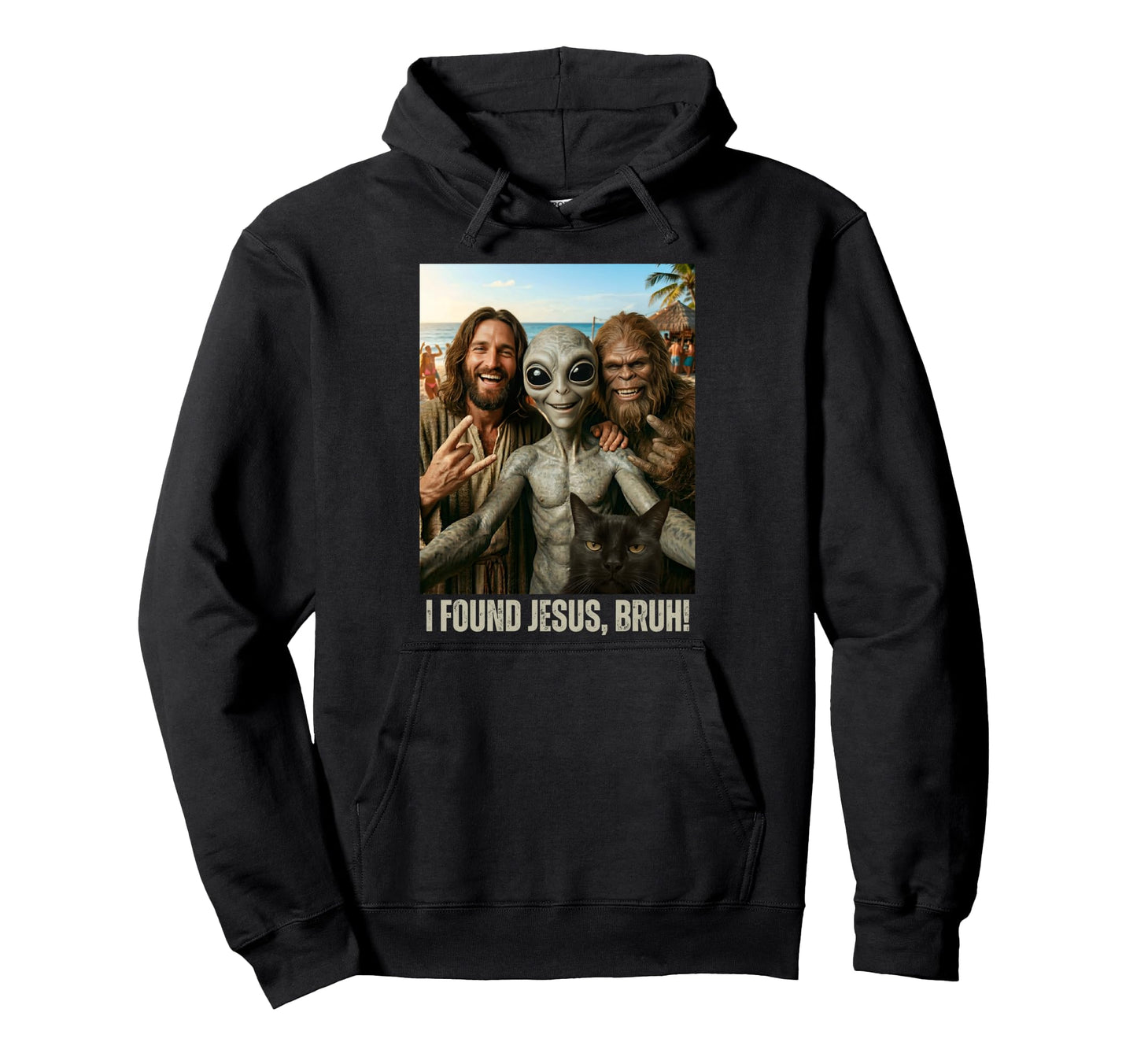 Bruh Bigfoot Alien Jesus Rock Hand Sign Hoodie - Unique Graphic Men Women - T-Shirt, Sweatshirt, Hoodie