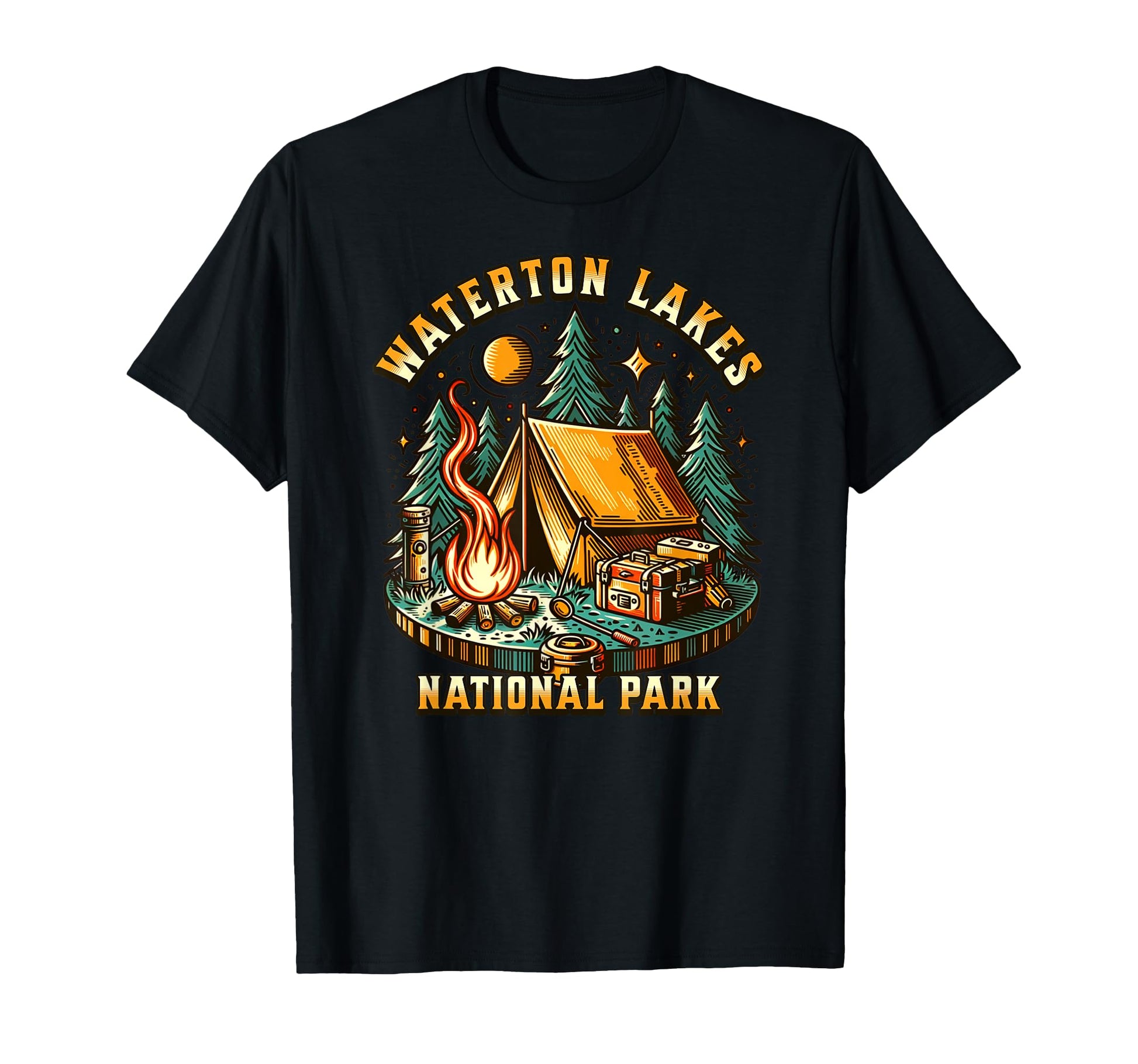 Camping Forest Campfire Waterton Lakes T-Shirt - Trendy Graphic Unisex - T-Shirt, Sweatshirt, Hoodie