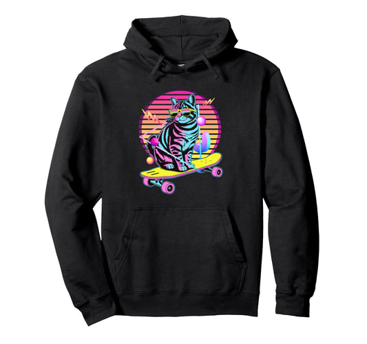 80S Synthwave Cat Skater Sunglasses Hoodie - Graphic Print for Adults - T-Shirt, Sweatshirt, Hoodie