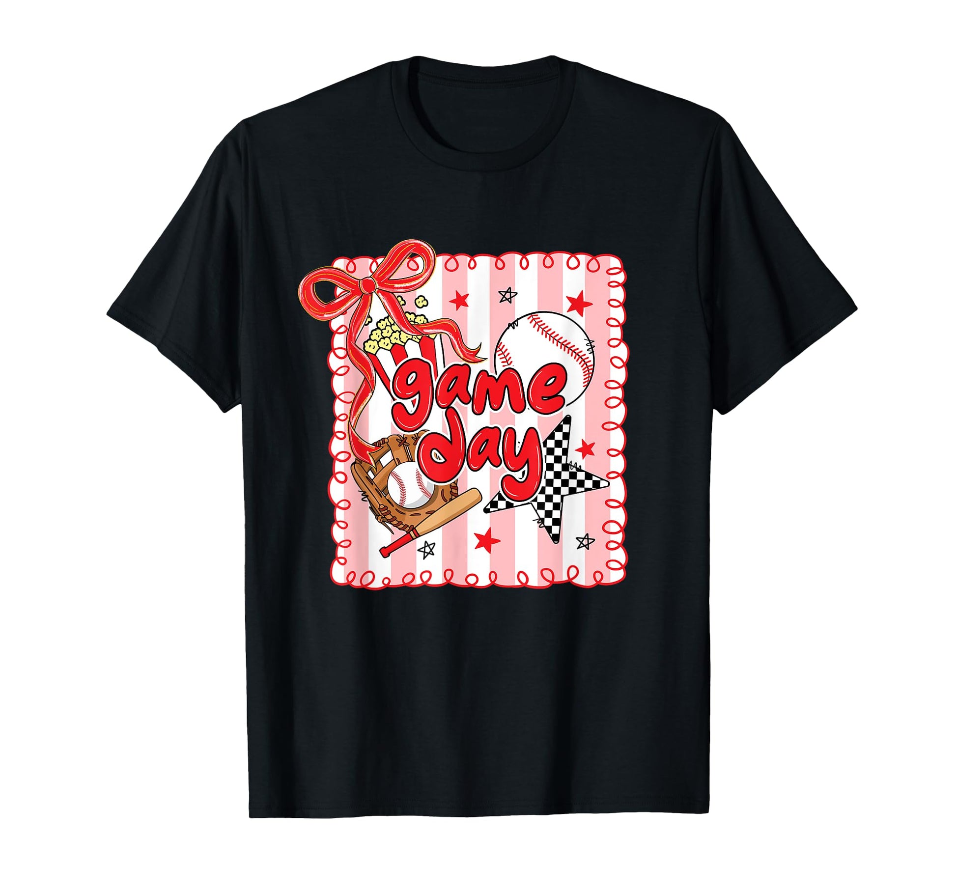 Game Day Baseball Checkered Bow T-Shirt - Casual Everyday Wear Men Women - T-Shirt, Sweatshirt, Hoodie