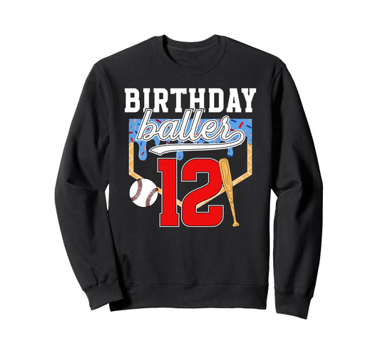 12Th Baseball Birthday Twelve Year Sweatshirt - Minimalist Print Men Women - T-Shirt, Sweatshirt, Hoodie