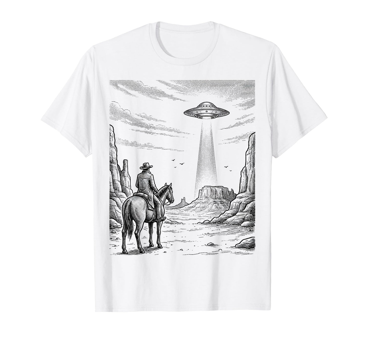 Cowboy Ufo Encounter Western Desert Country T-Shirt - Graphic Print Unisex - T-Shirt, Sweatshirt, Hoodie
