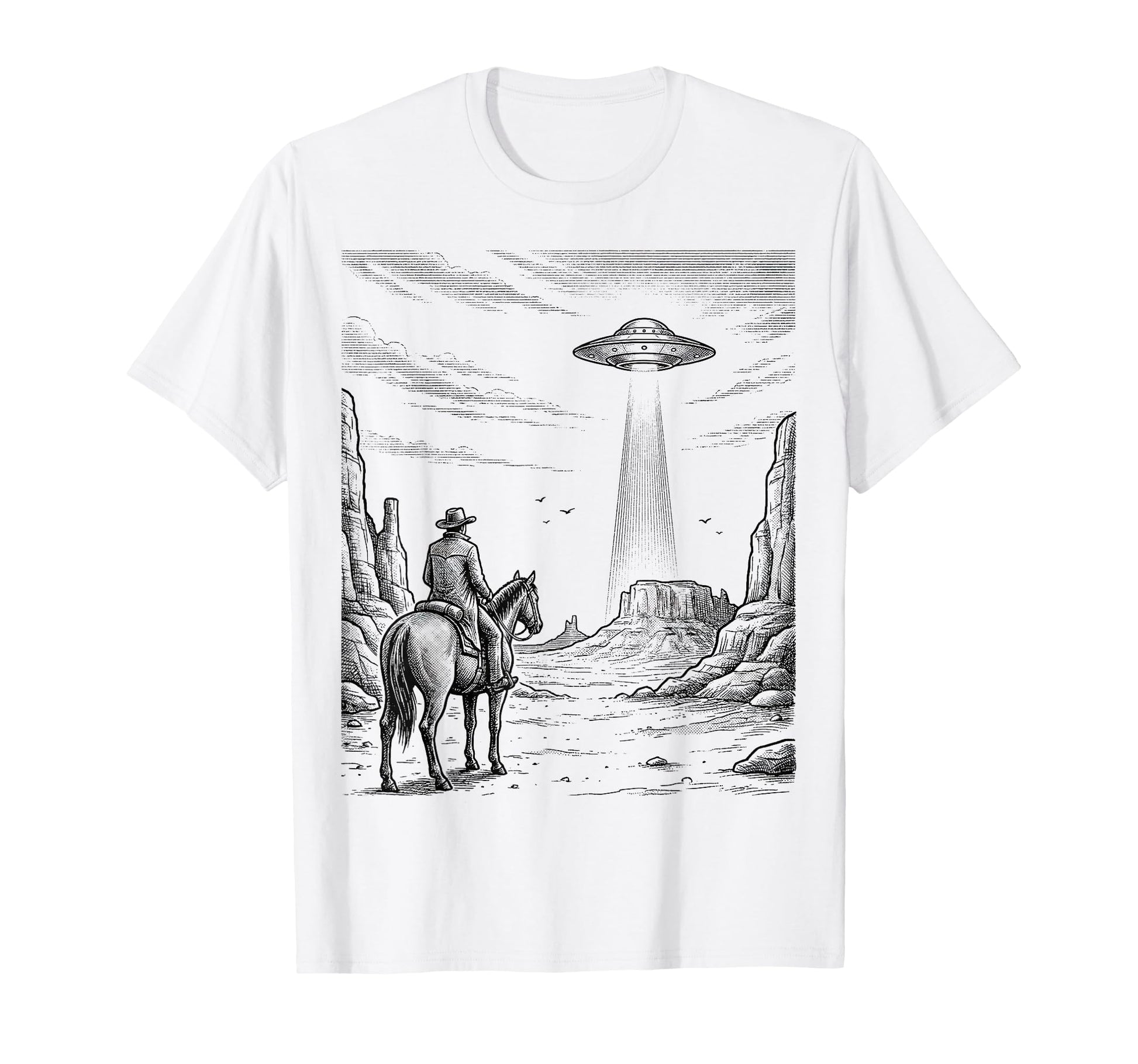 Cowboy Ufo Encounter Western Desert Country T-Shirt - Graphic Print Unisex - T-Shirt, Sweatshirt, Hoodie