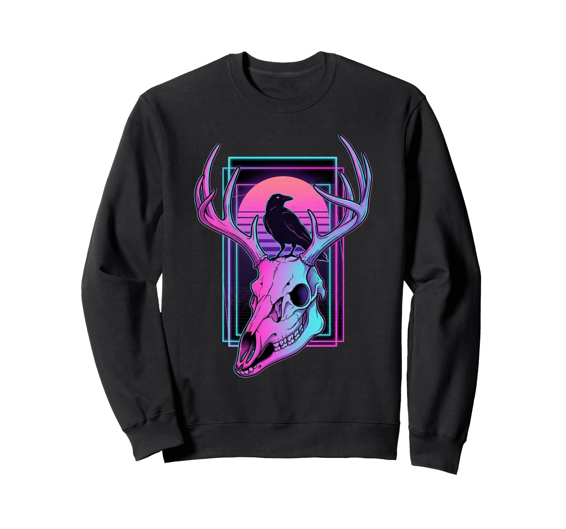 Vaporwave Deer Skull Raven Sweatshirt - Casual Everyday Wear Unisex - T-Shirt, Sweatshirt, Hoodie