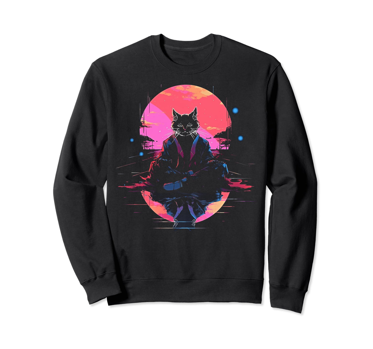 Synthwave Cat Samurai Mediation Sweatshirt - Novelty Apparel Men Women - T-Shirt, Sweatshirt, Hoodie