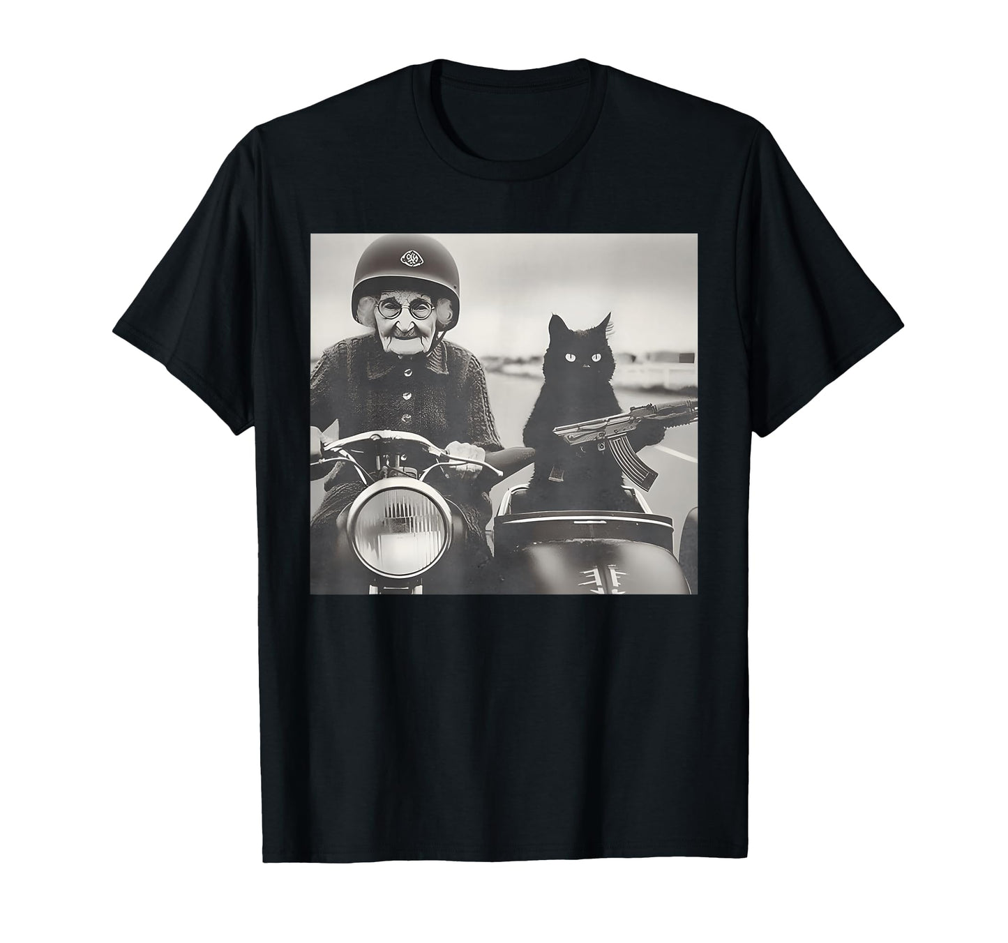 Granny And Her Armed Cat Riding T-Shirt - Graphic Print for Adults - T-Shirt, Sweatshirt, Hoodie