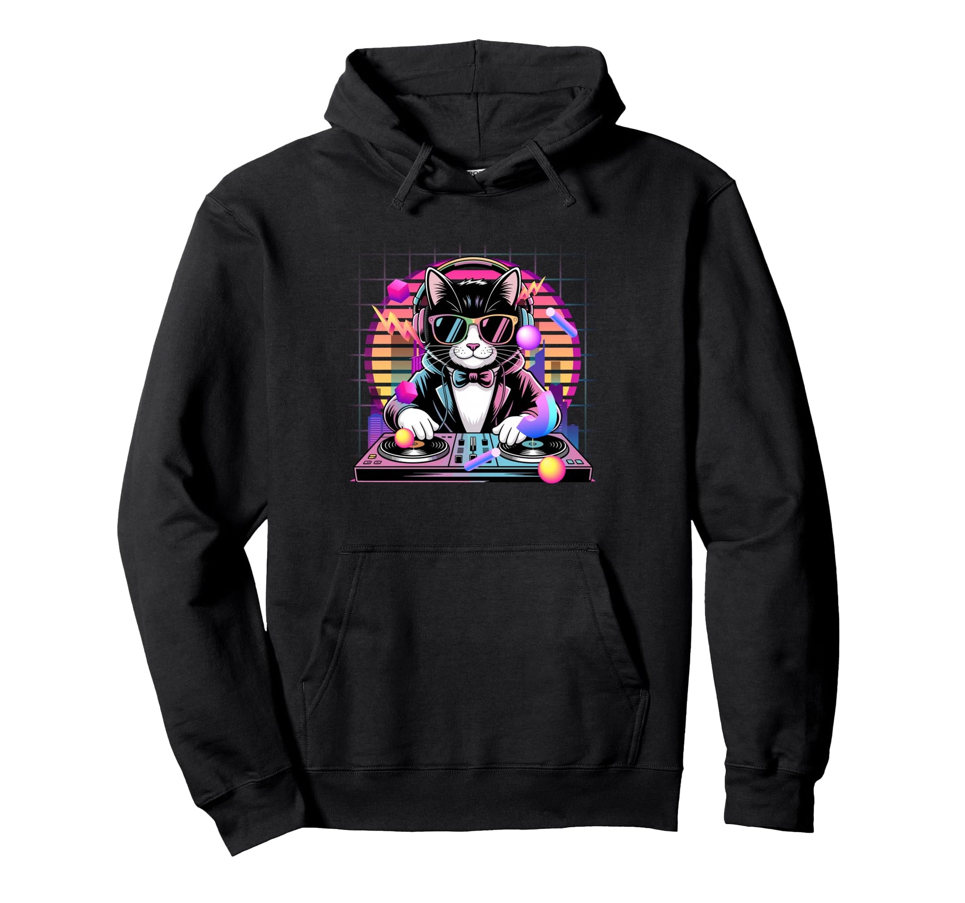 80S Synthwave Dj Cat Headphones Hoodie - Streetwear Style Unisex - T-Shirt, Sweatshirt, Hoodie