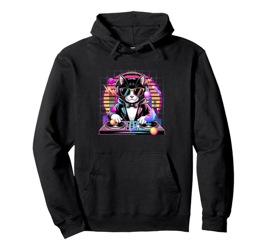 80S Synthwave Dj Cat Headphones Hoodie - Streetwear Style Unisex - T-Shirt, Sweatshirt, Hoodie