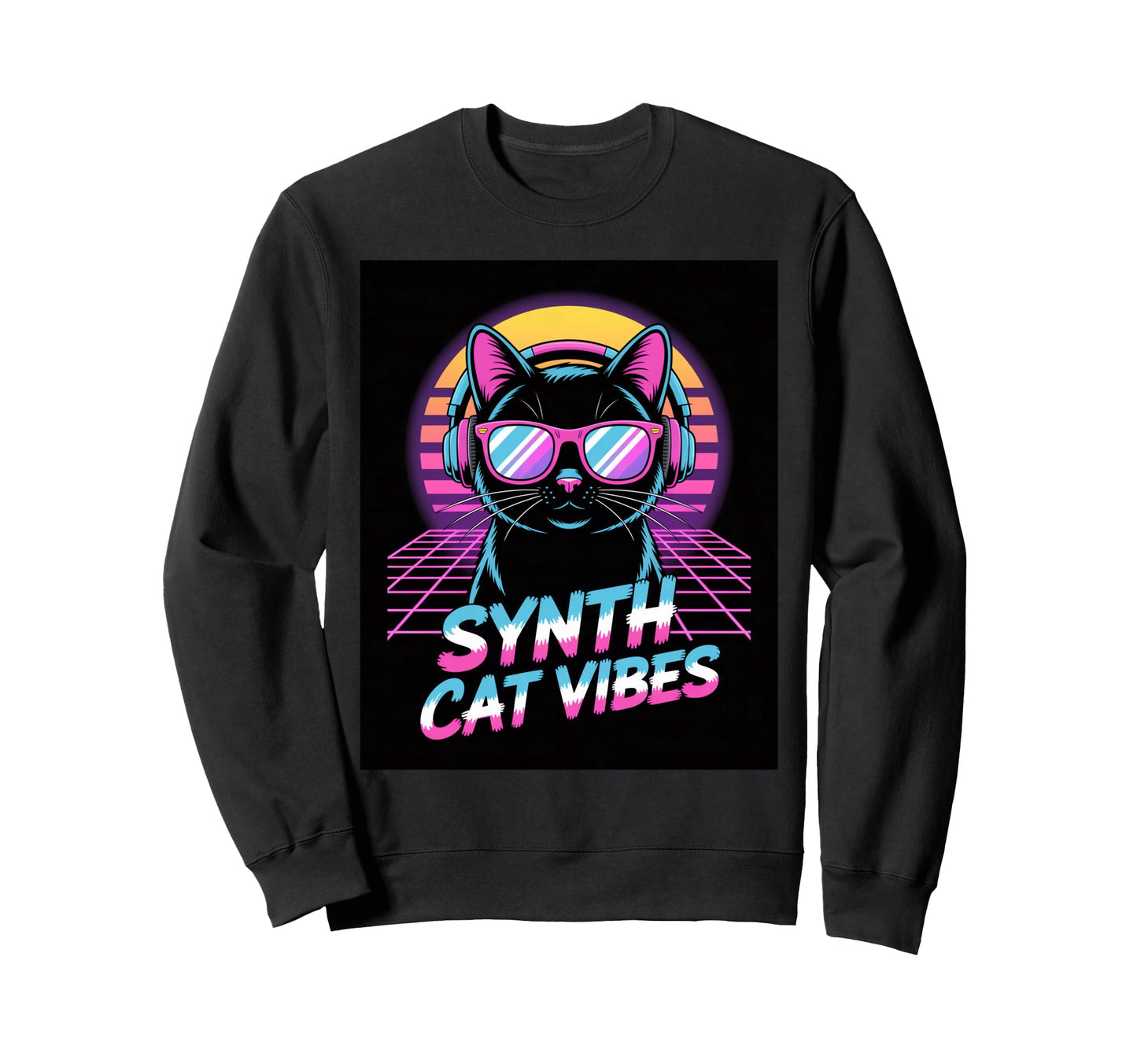 Synth Cat Vibes 80S Synthwave Sweatshirt - Novelty Apparel Men Women - T-Shirt, Sweatshirt, Hoodie