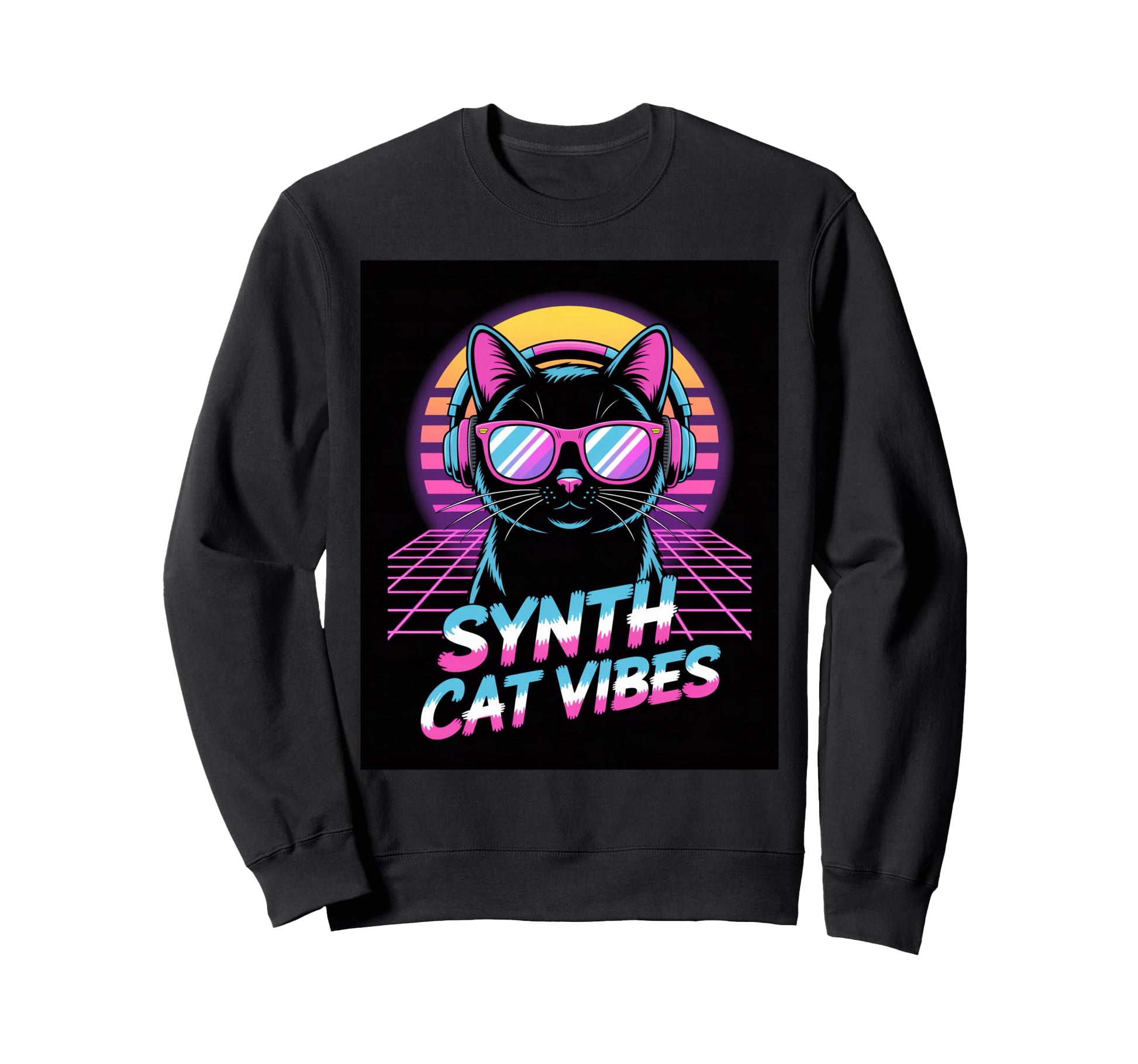 Synth Cat Vibes 80S Synthwave Sweatshirt - Novelty Apparel Men Women - T-Shirt, Sweatshirt, Hoodie