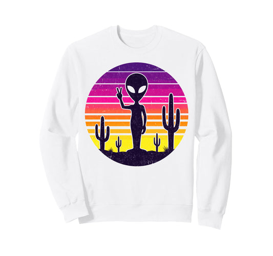 Alien Peace Sign 80S Synthwave Sweatshirt - Trendy Graphic Unisex - T-Shirt, Sweatshirt, Hoodie