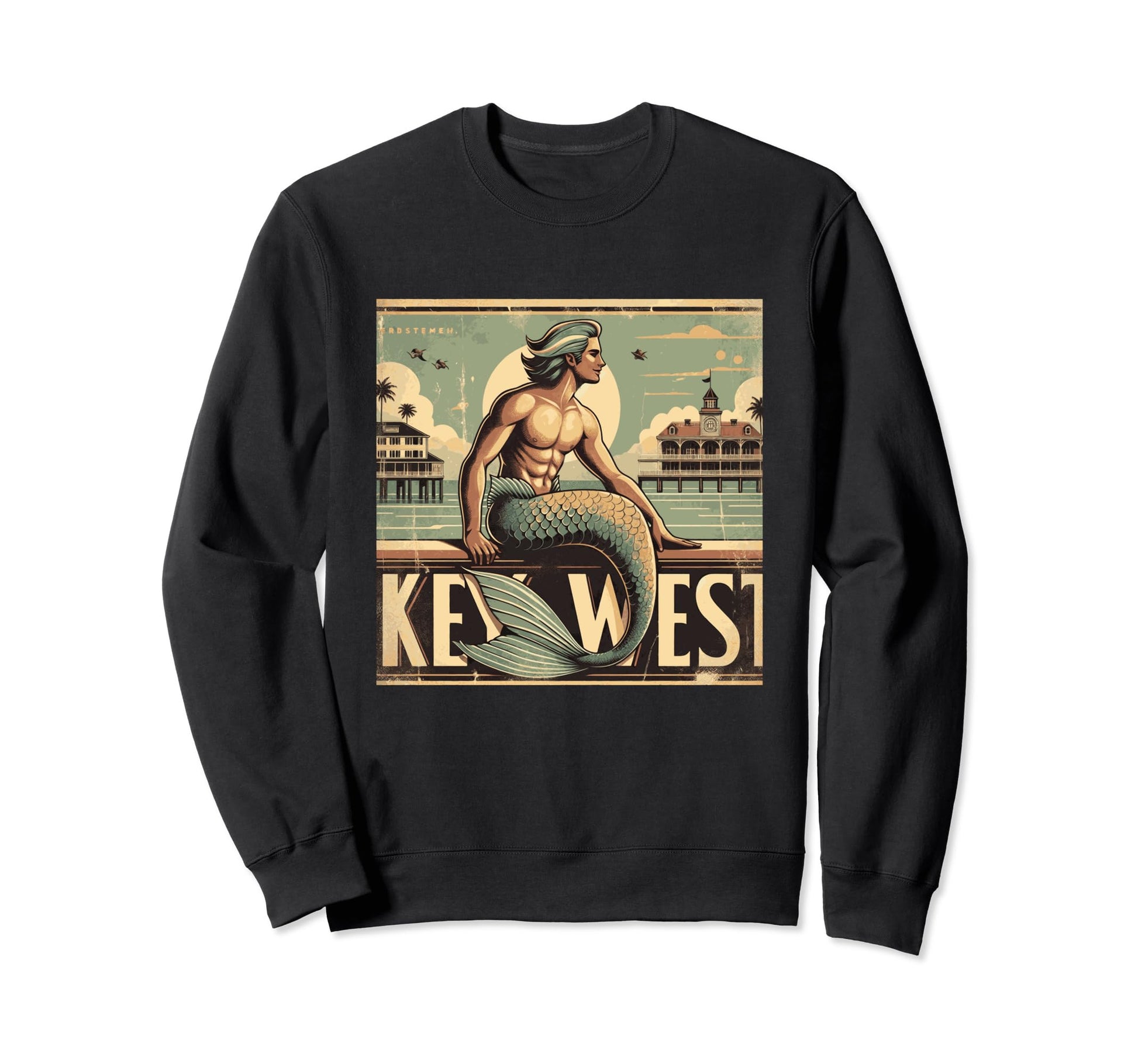 Key West Postcard Merman Mermaid Sweatshirt - Custom Art Print Men Women - T-Shirt, Sweatshirt, Hoodie