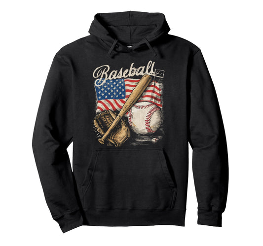 American Flag Baseball Player Bat Fan Hoodie - Casual Everyday Wear Unisex - T-Shirt, Sweatshirt, Hoodie