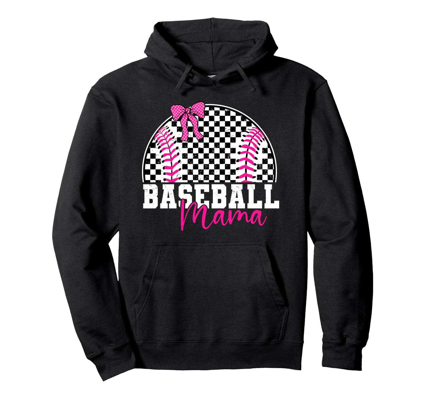 Checkered Baseball Mama Bow Varsity Hoodie - Aesthetic Graphic Men Women - T-Shirt, Sweatshirt, Hoodie