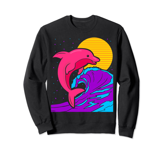 80S Wave Dolphin Electro Wave Sweatshirt - Aesthetic Graphic Men Women - T-Shirt, Sweatshirt, Hoodie