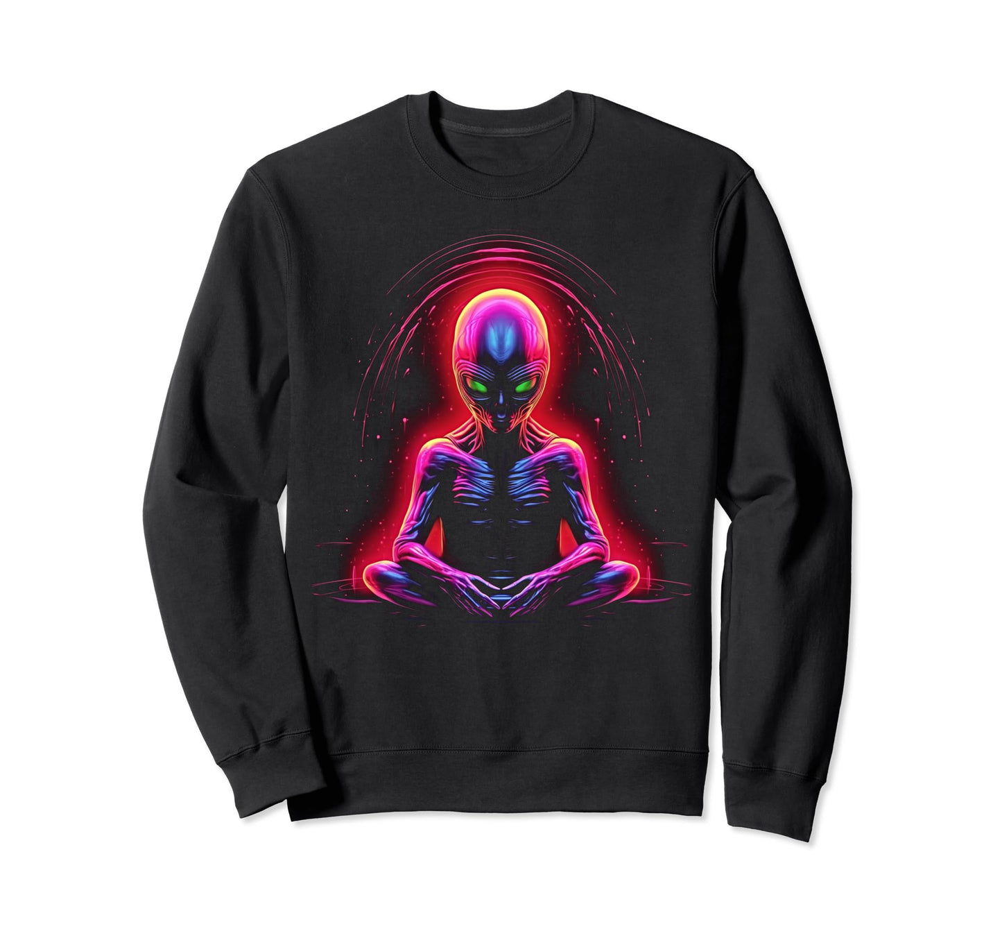 Synthwave Alien Buddha Cyberpunk Sweatshirt - Unique Graphic for Adults - T-Shirt, Sweatshirt, Hoodie