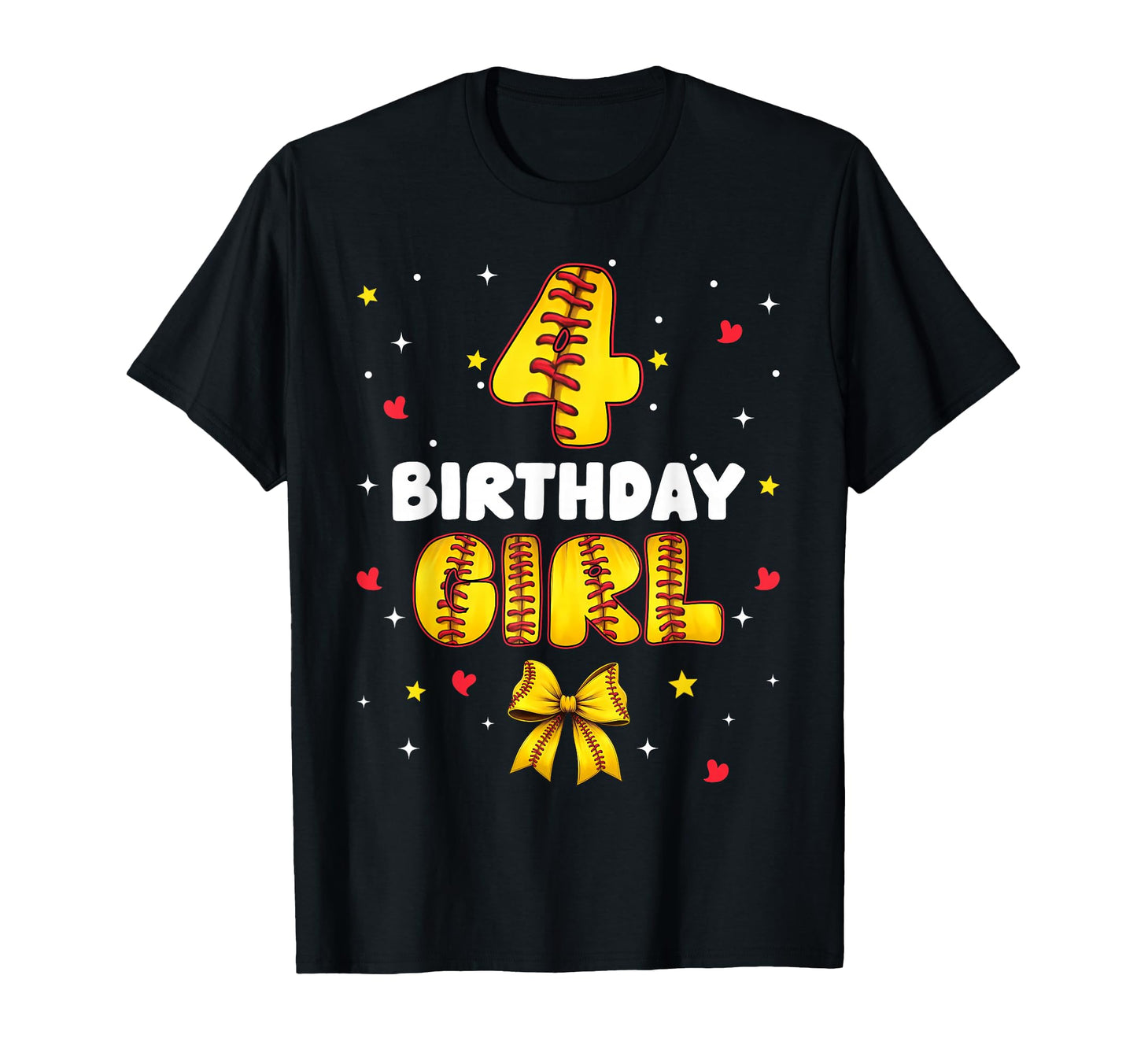 4Th Birthday Baseball Softball Bow T-Shirt - Graphic Print Men Women - T-Shirt, Sweatshirt, Hoodie