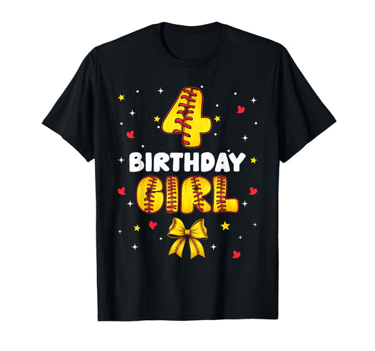 4Th Birthday Baseball Softball Bow T-Shirt - Graphic Print Men Women - T-Shirt, Sweatshirt, Hoodie