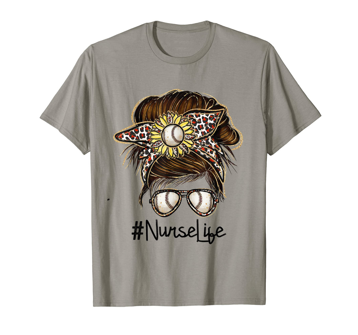 Nurse Life Baseball Leopard Messy Bun T-Shirt - Novelty Apparel for Adults - T-Shirt, Sweatshirt, Hoodie