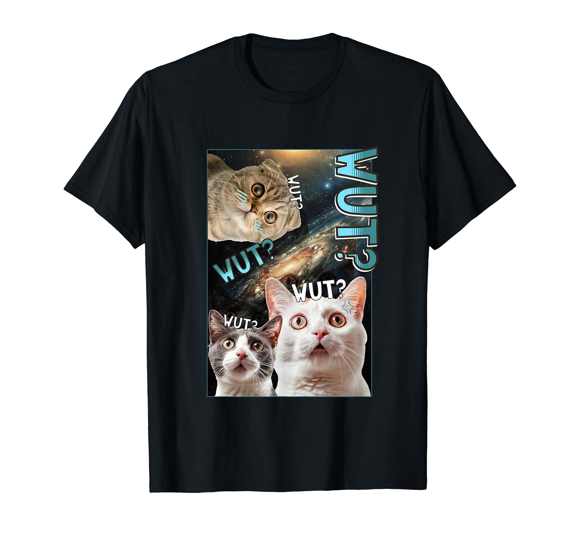 Funny Cat Wut Meme Face Galaxy Nebula Y2K T-Shirt - Graphic Print Unisex - T-Shirt, Sweatshirt, Hoodie