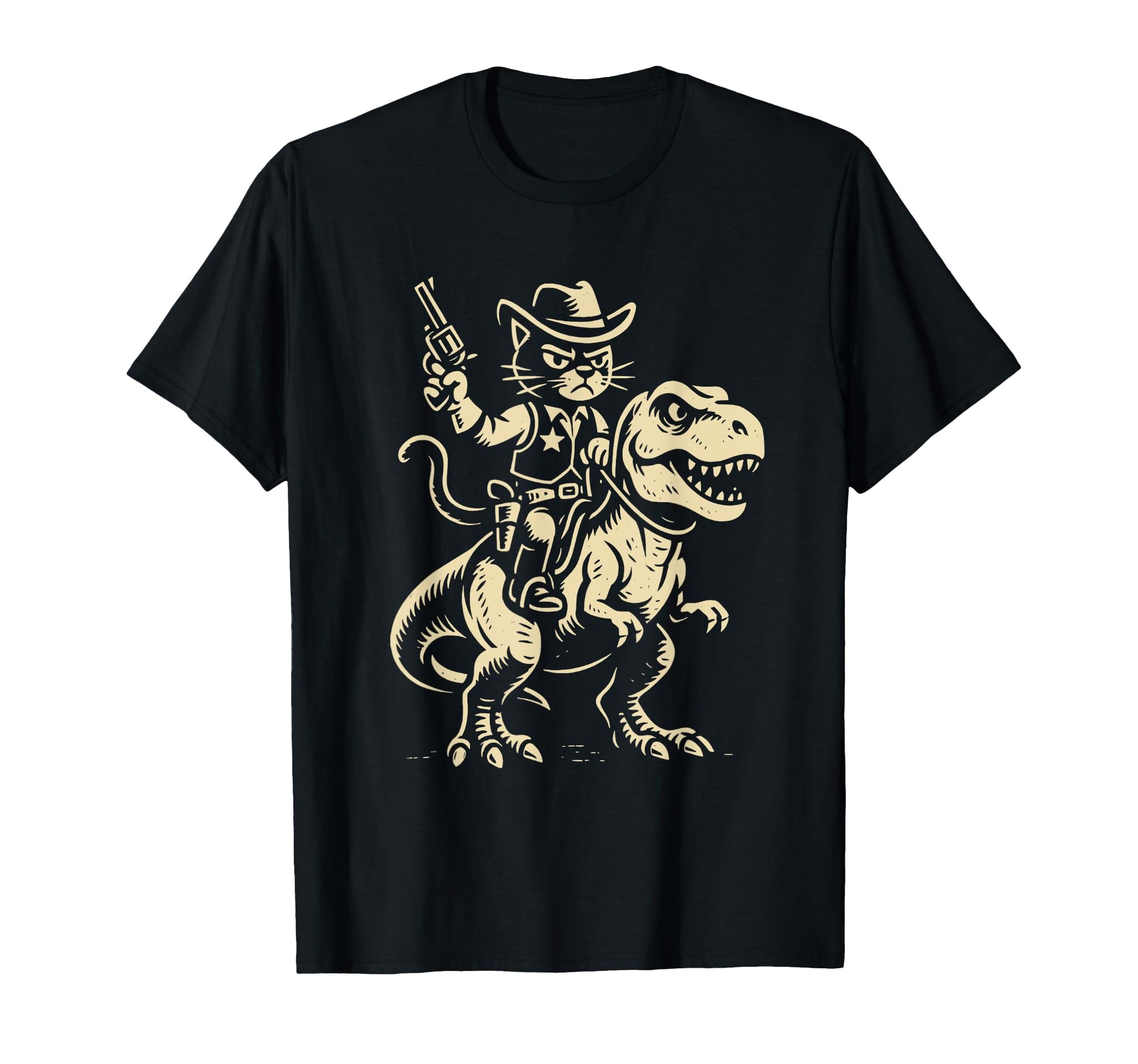 Funny Western Cat Riding Dinosaur T-Shirt - Fun Novelty Design Unisex - T-Shirt, Sweatshirt, Hoodie