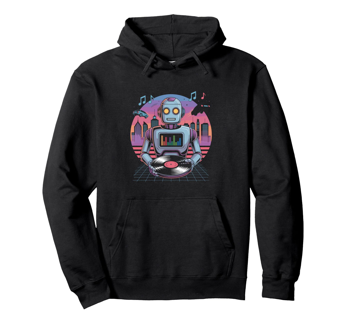 Robot Dj Vinyl City Skyline Music Hoodie - Trendy Graphic Unisex - T-Shirt, Sweatshirt, Hoodie