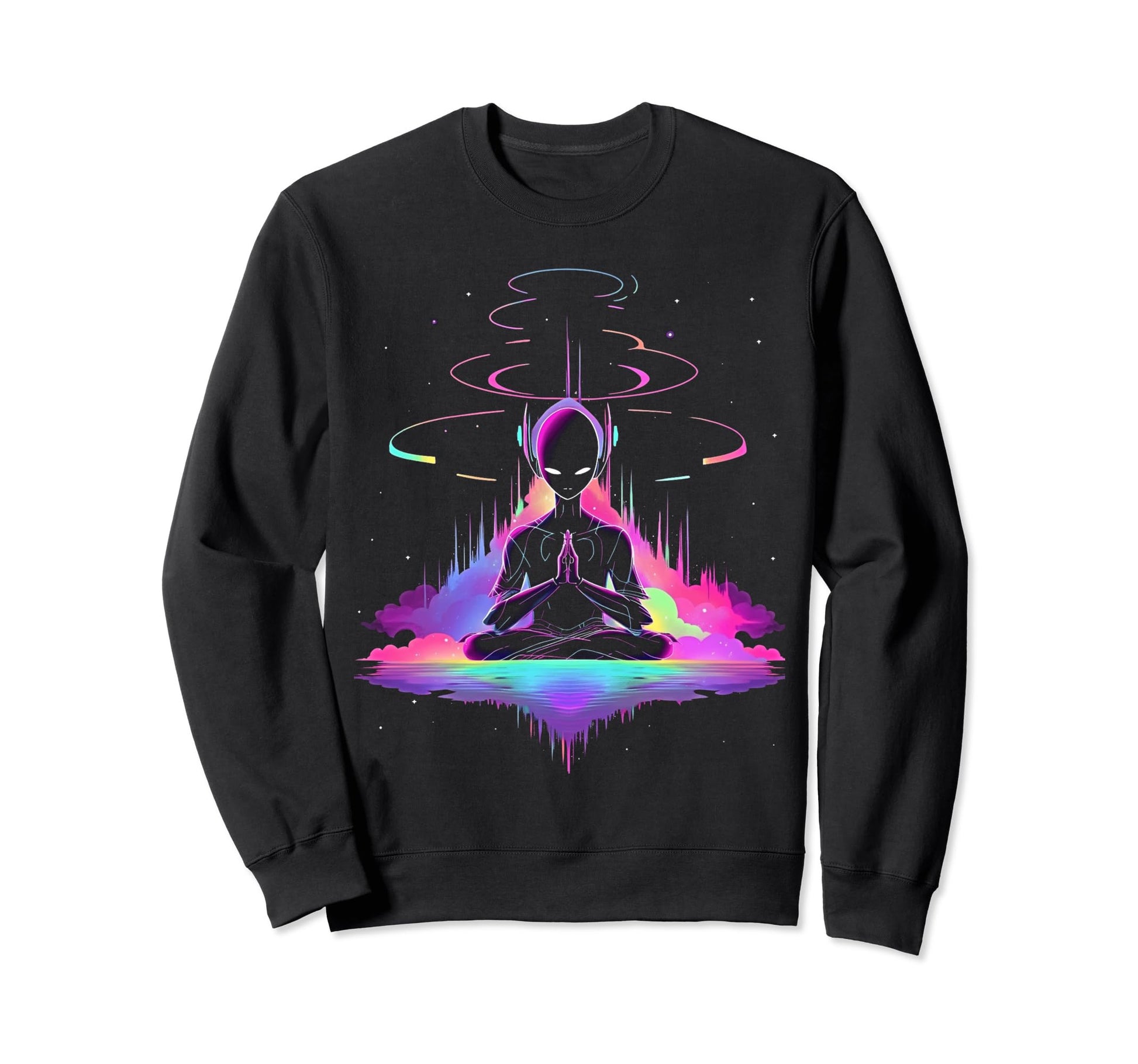 Synthwave Alien Buddha Cyberpunk 80S Sweatshirt - Custom Art Print Unisex - T-Shirt, Sweatshirt, Hoodie