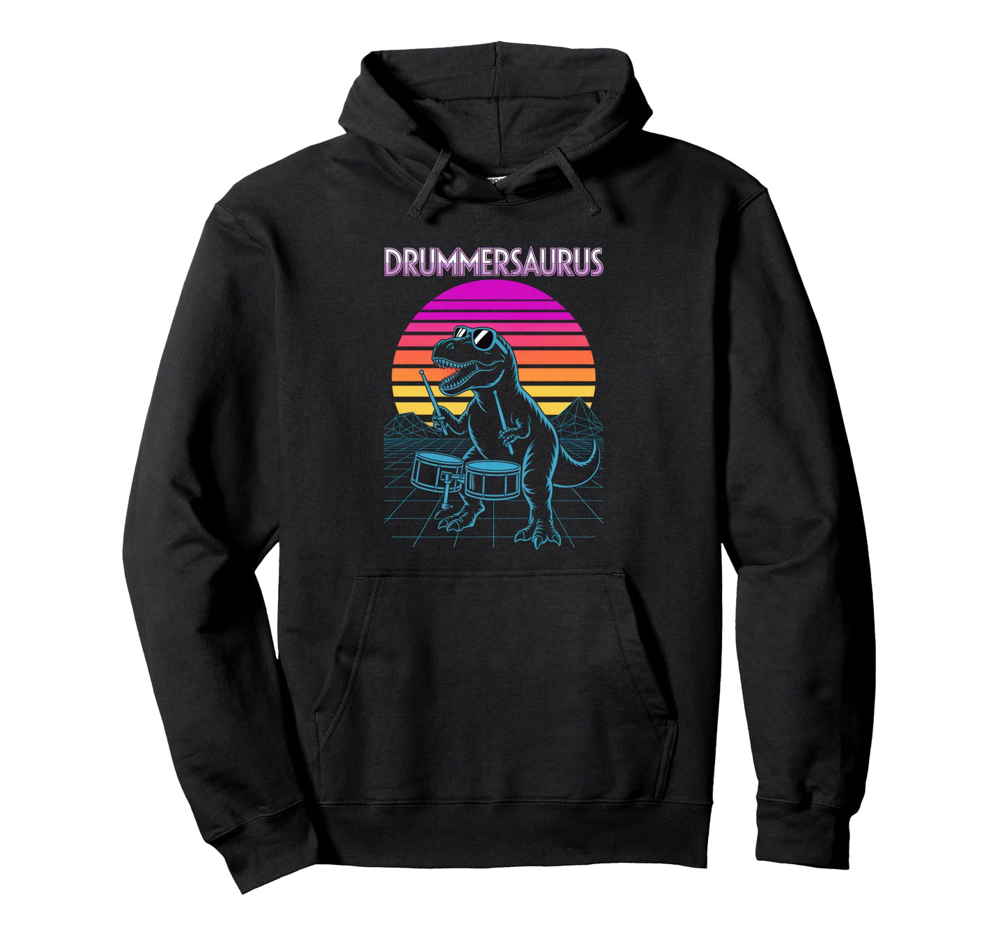 Drummersaurus T Rex Drummer 80S Hoodie - Unique Graphic for Adults - T-Shirt, Sweatshirt, Hoodie