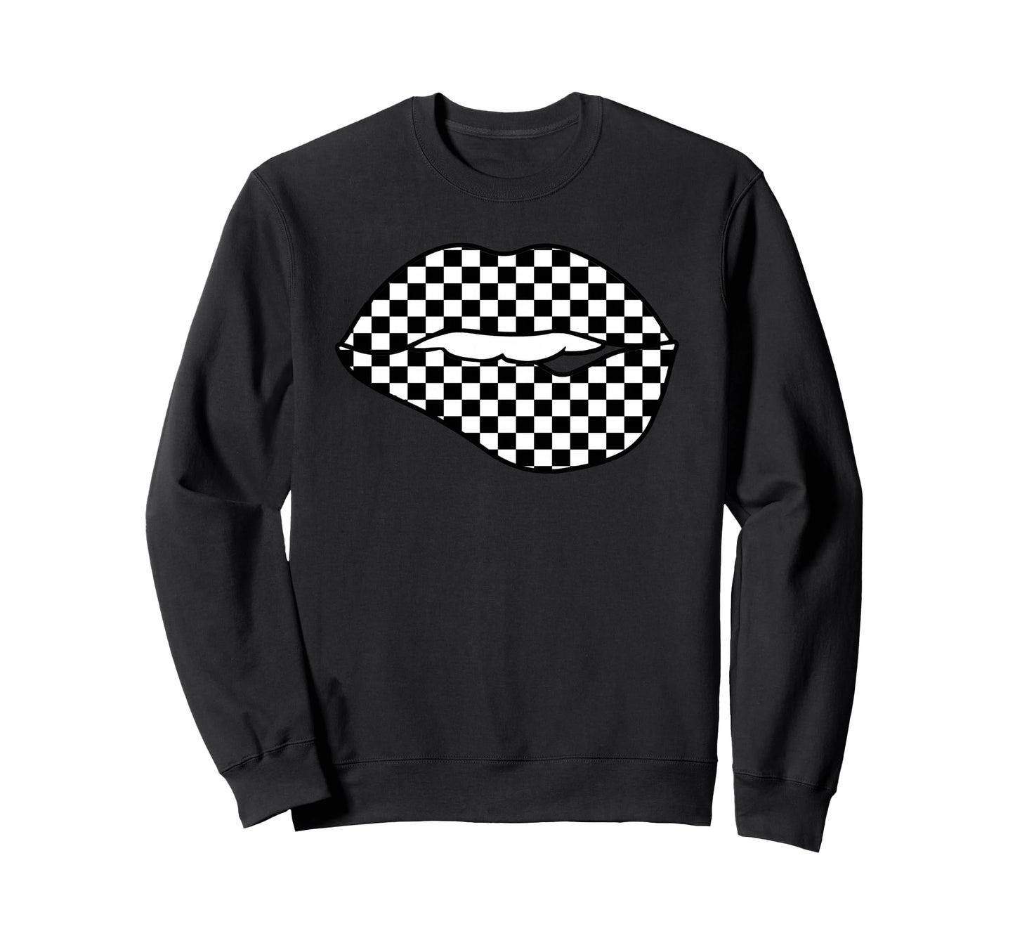 Funny Checkered Black White Lip Sweatshirt - Unique Graphic for Adults - T-Shirt, Sweatshirt, Hoodie