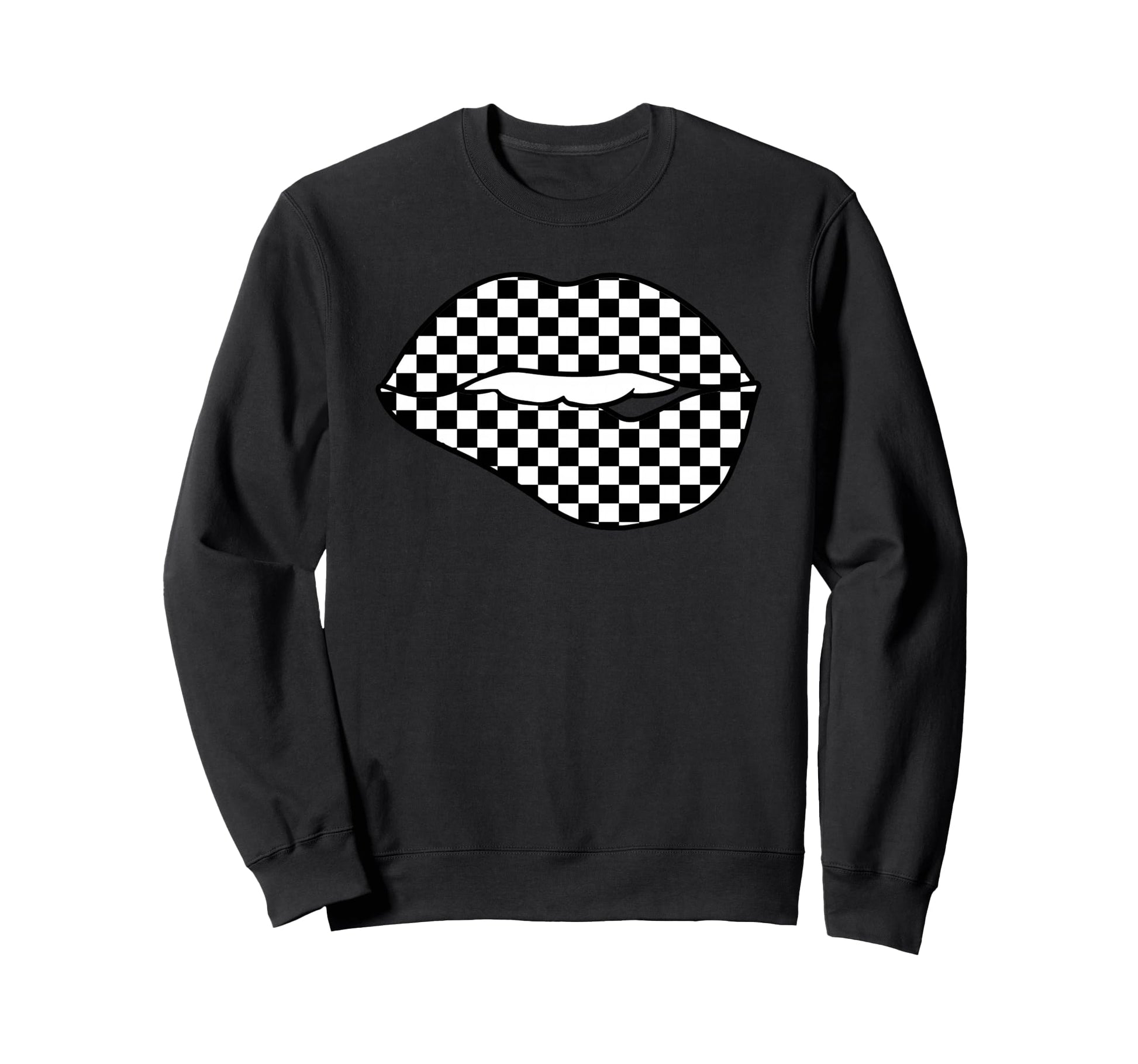 Funny Checkered Black White Lip Sweatshirt - Unique Graphic for Adults - T-Shirt, Sweatshirt, Hoodie