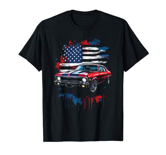 American Flag Patriotic Muscle Car T-Shirt - Fun Novelty Design Men Women - T-Shirt, Sweatshirt, Hoodie