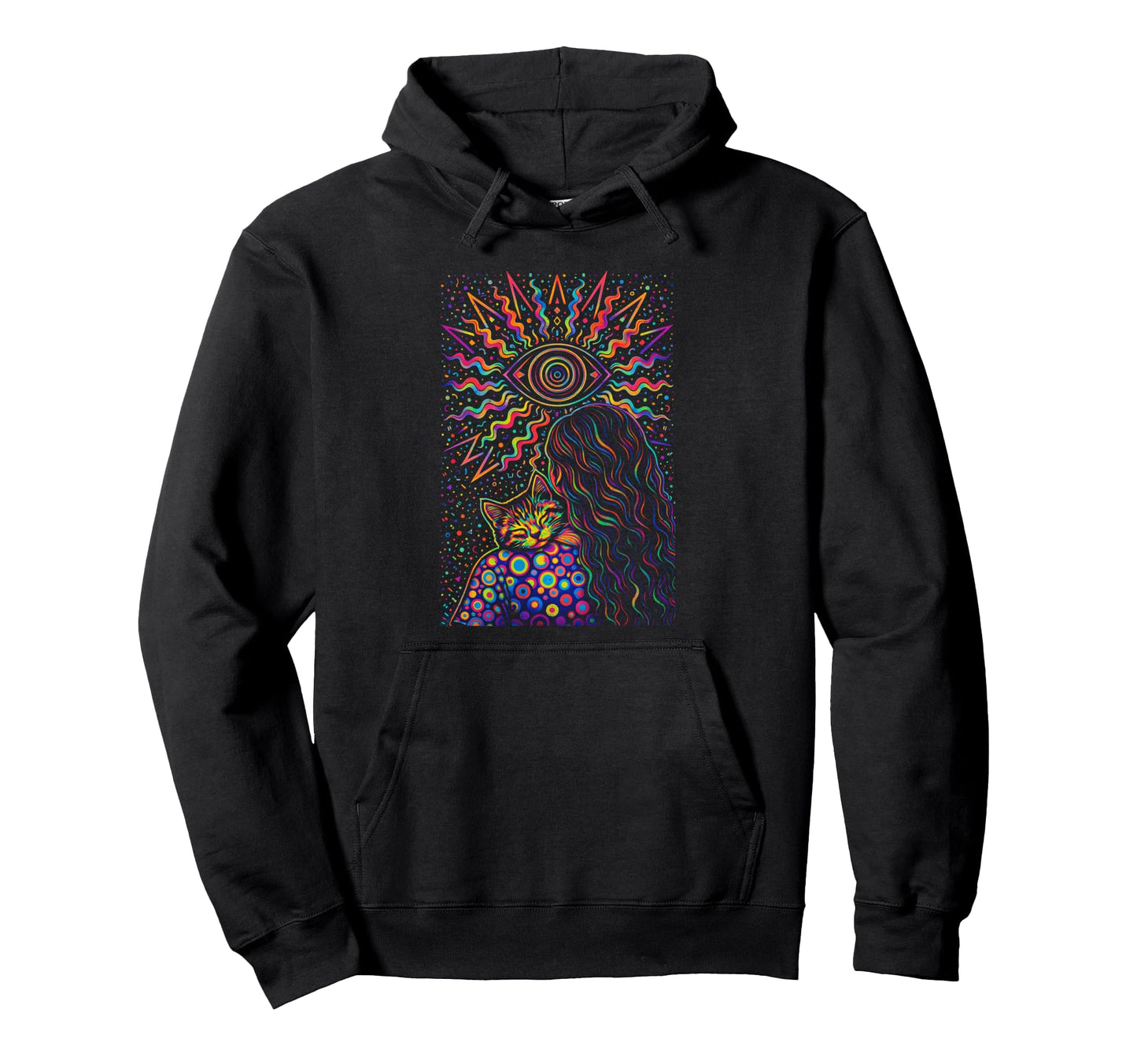 Psychedelic Cat Lady Trippy Hippie Hoodie - Graphic Print for Adults - T-Shirt, Sweatshirt, Hoodie