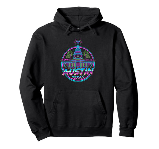 Austin Texas Capitol Synthwave Hoodie - Casual Everyday Wear for Adults - T-Shirt, Sweatshirt, Hoodie