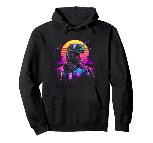 80S Synthwave T Rex Tyrannosaurus Hoodie - Trendy Graphic for Adults - T-Shirt, Sweatshirt, Hoodie
