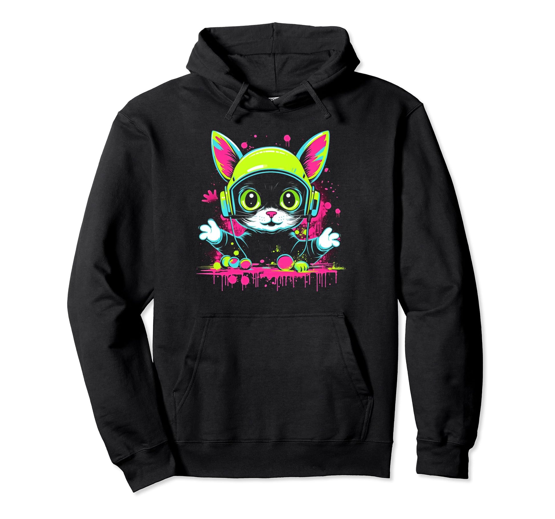 Kawaii Cat Dj Japanese Edm Y2K Aesthetic Hoodie - Custom Art Print Unisex - T-Shirt, Sweatshirt, Hoodie