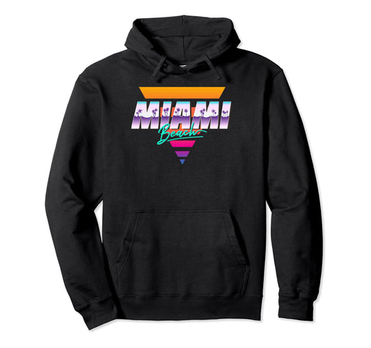 80S Palm Tree Typography Miami Beach Hoodie - Fun Novelty Design Men Women - T-Shirt, Sweatshirt, Hoodie