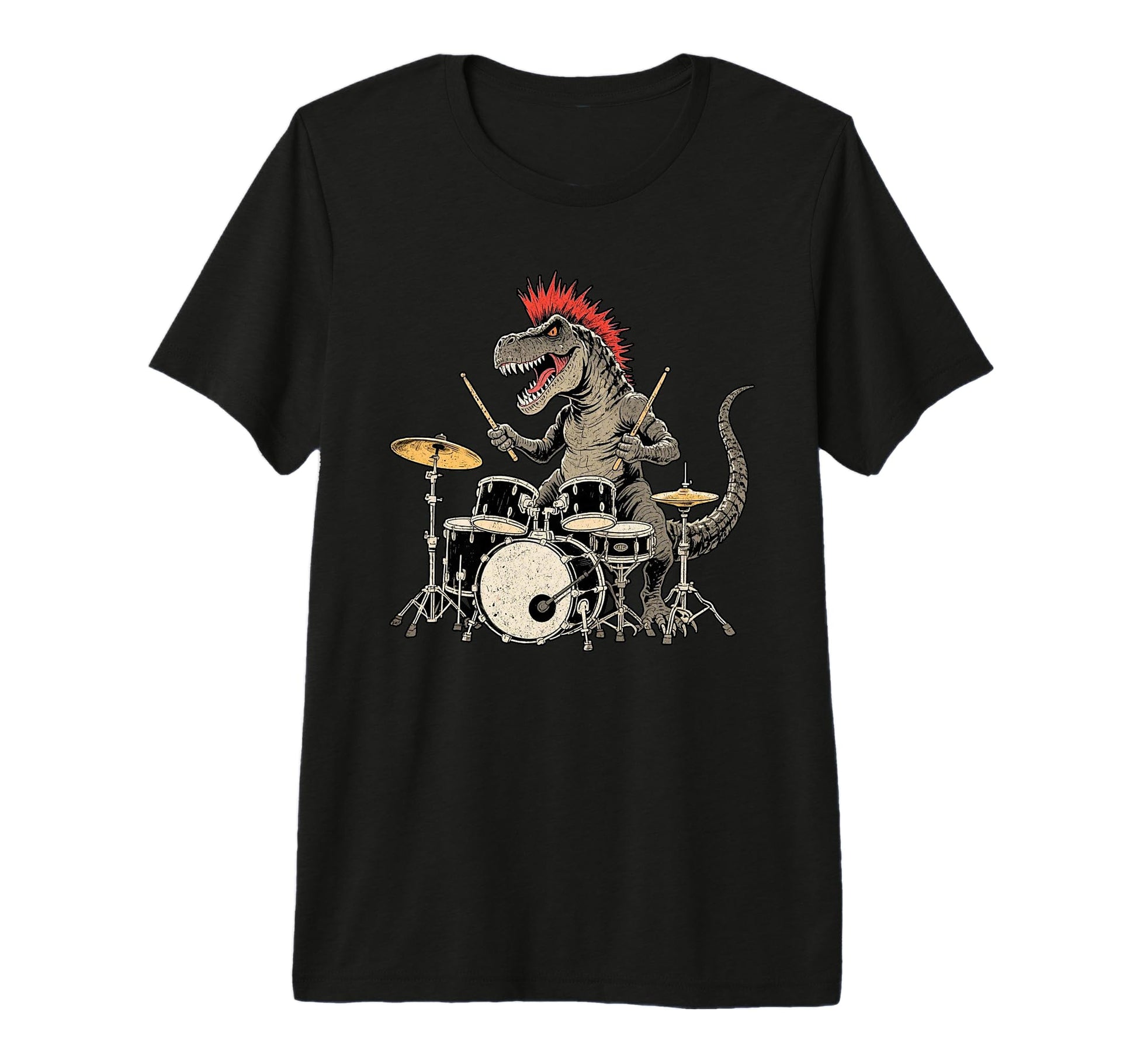 Punk Rock T Rex Dinosaur Playing Drum T-Shirt - Minimalist Print Men Women - T-Shirt, Sweatshirt, Hoodie
