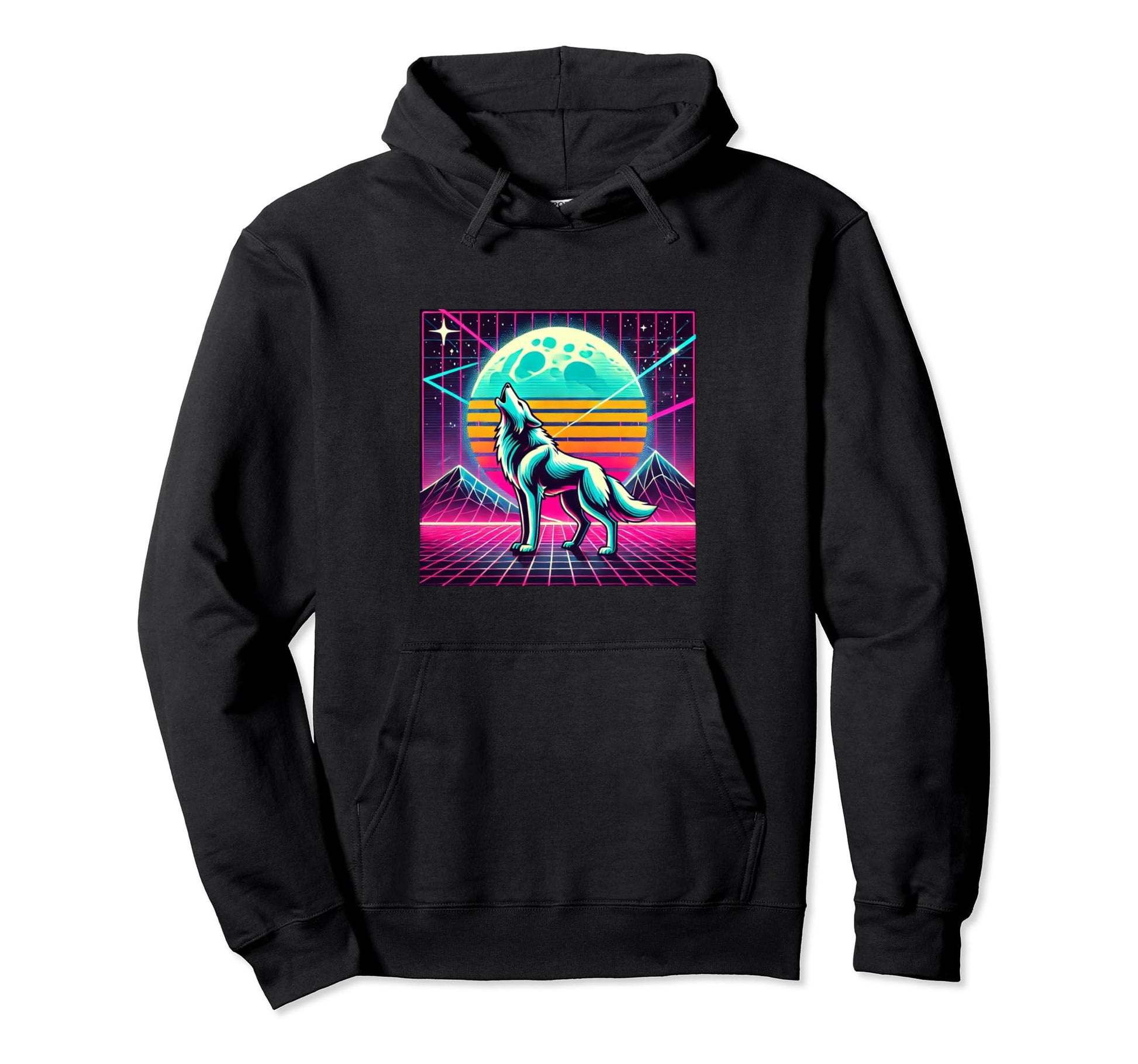 Colorful Synthwave 80S Wolf Howling Hoodie - Custom Art Print for Adults - T-Shirt, Sweatshirt, Hoodie