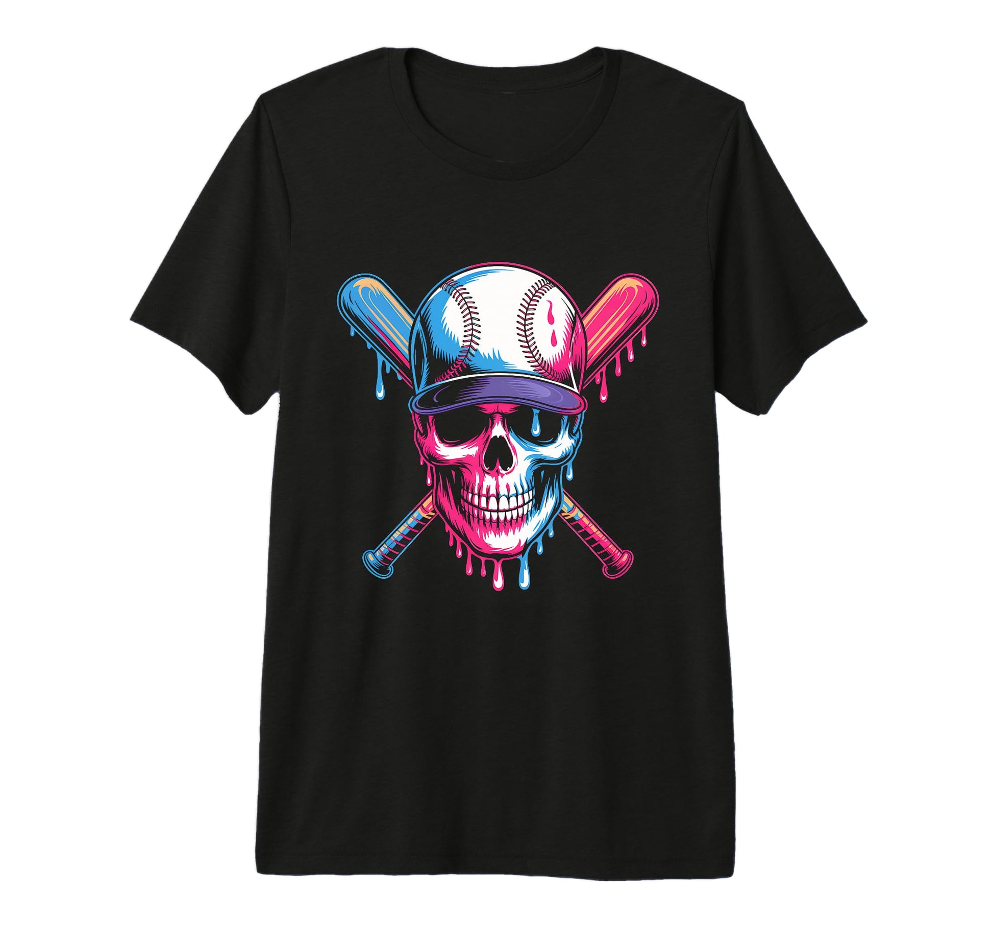Baseball Skull Bats Dripping Colors T-Shirt - Aesthetic Graphic for Adults - T-Shirt, Sweatshirt, Hoodie