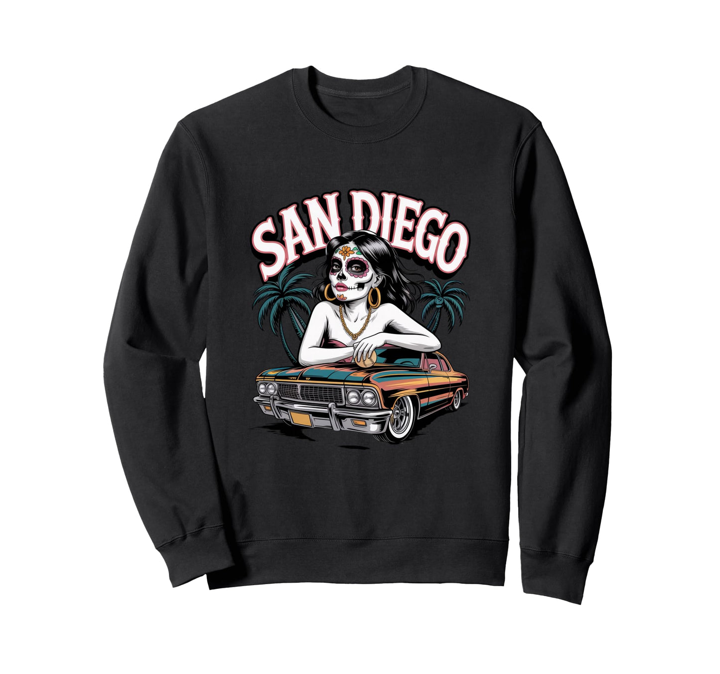 San Diego Sugar Skull Low Rider Sweatshirt - Unique Graphic for Adults - T-Shirt, Sweatshirt, Hoodie