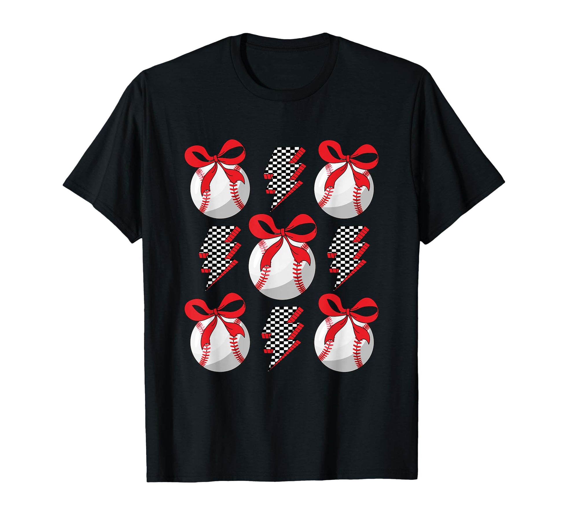 Baseball Lightning Checkered Bow T-Shirt - Trendy Graphic for Adults - T-Shirt, Sweatshirt, Hoodie