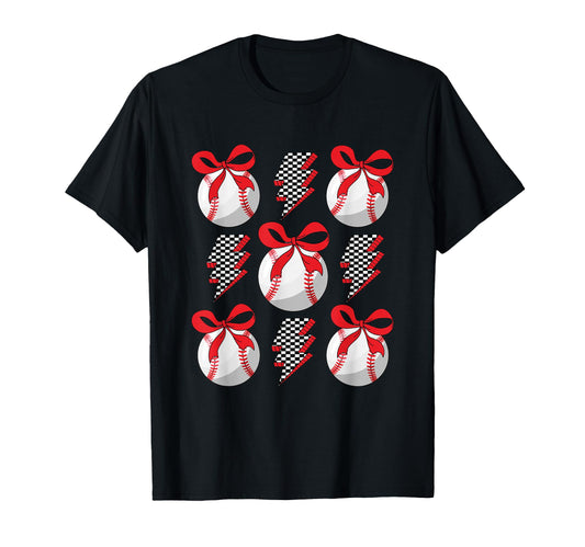 Baseball Lightning Checkered Bow T-Shirt - Trendy Graphic for Adults - T-Shirt, Sweatshirt, Hoodie