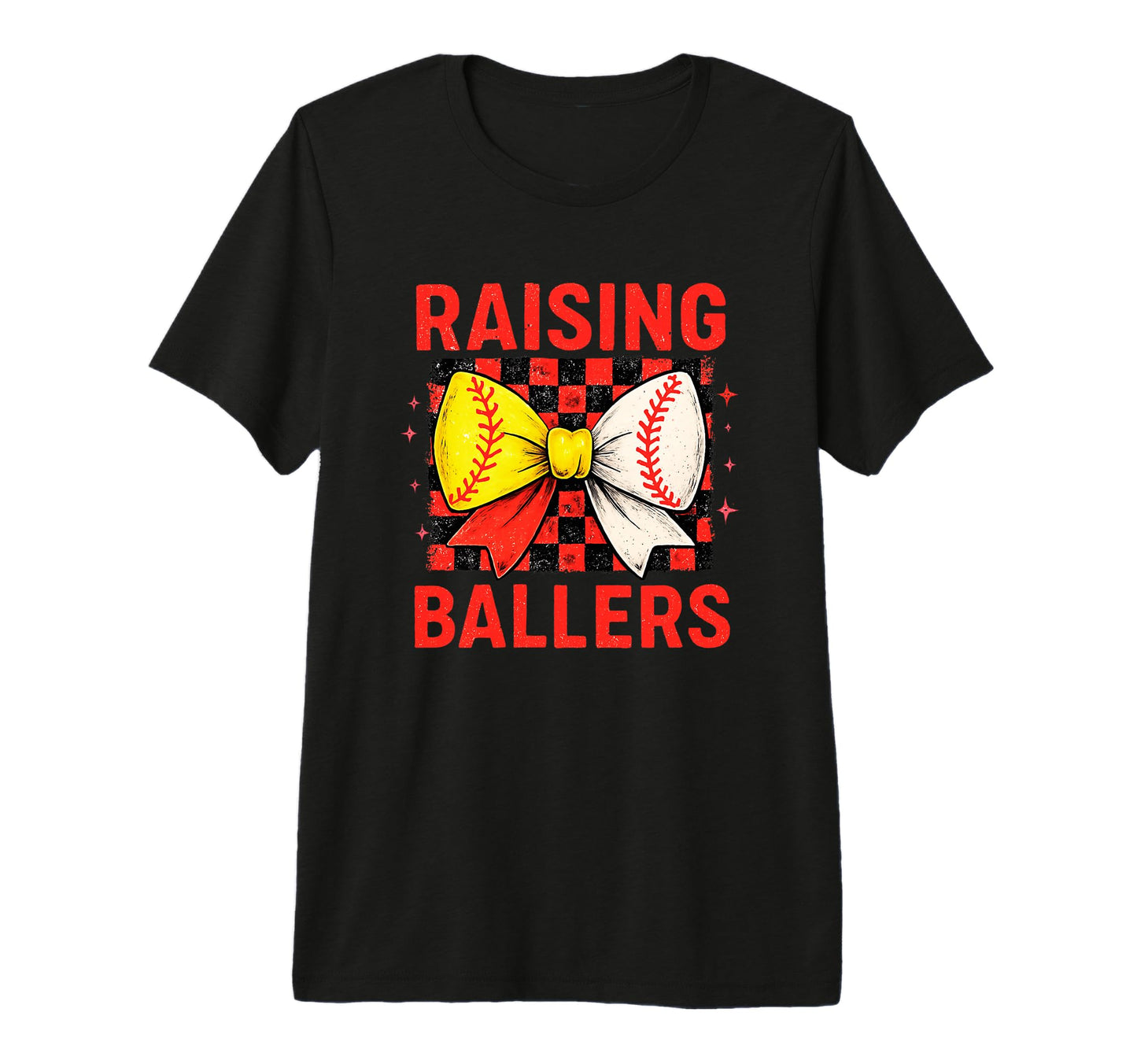 Raising Ballers Checkered Bow Tri T-Shirt - Fun Novelty Design Men Women - T-Shirt, Sweatshirt, Hoodie
