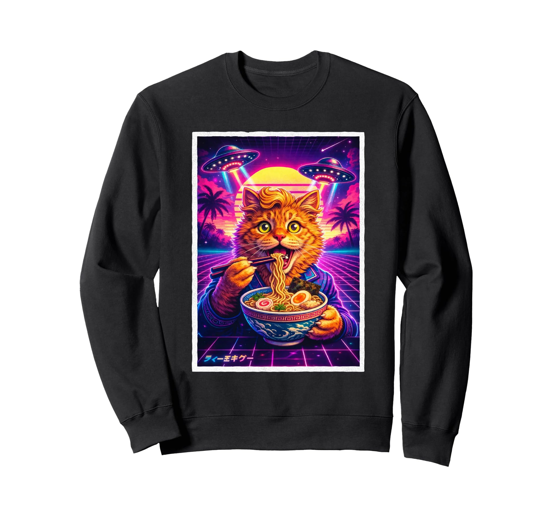 Ufo Ramen Cat Meme Synthwave 80S Funny Sweatshirt - Unique Graphic Unisex - T-Shirt, Sweatshirt, Hoodie