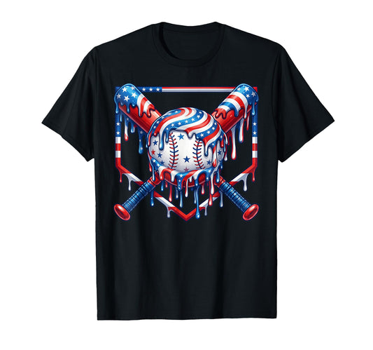 Baseball Drip American Flag Crossed Bats T-Shirt - Graphic Print Unisex - T-Shirt, Sweatshirt, Hoodie
