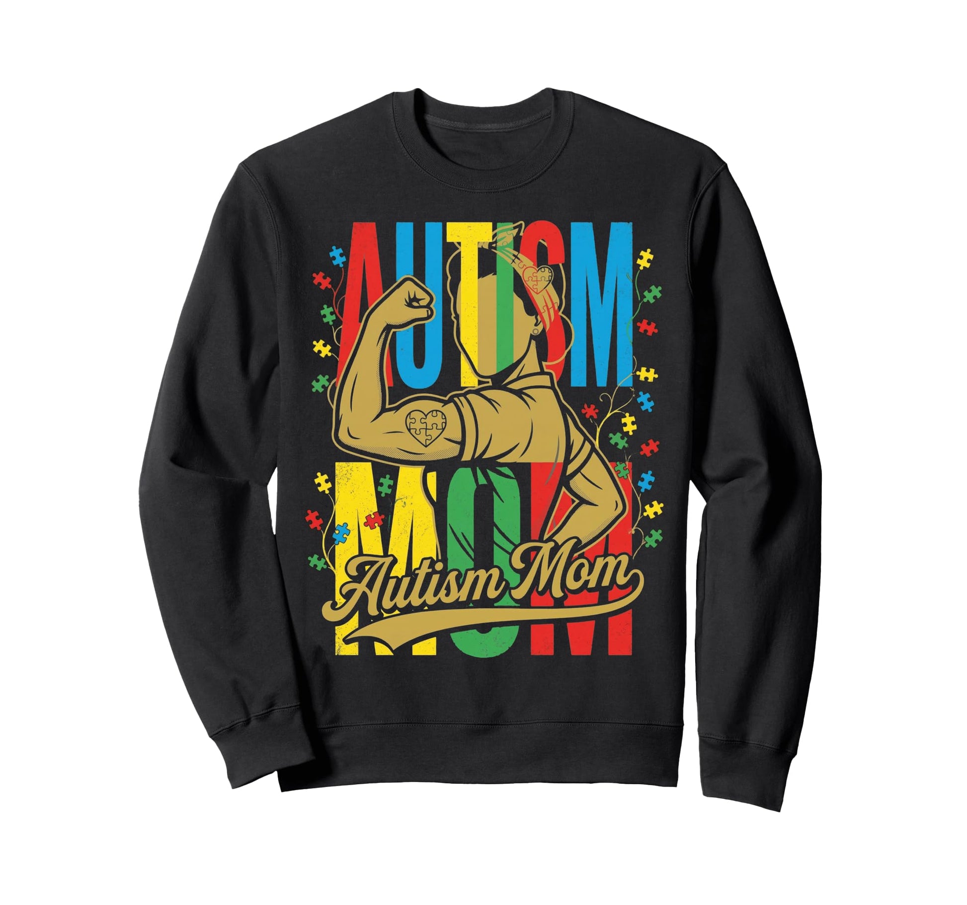 Strong Autism Mom Flexing Puzzle Piece Sweatshirt - Novelty Apparel Unisex - T-Shirt, Sweatshirt, Hoodie