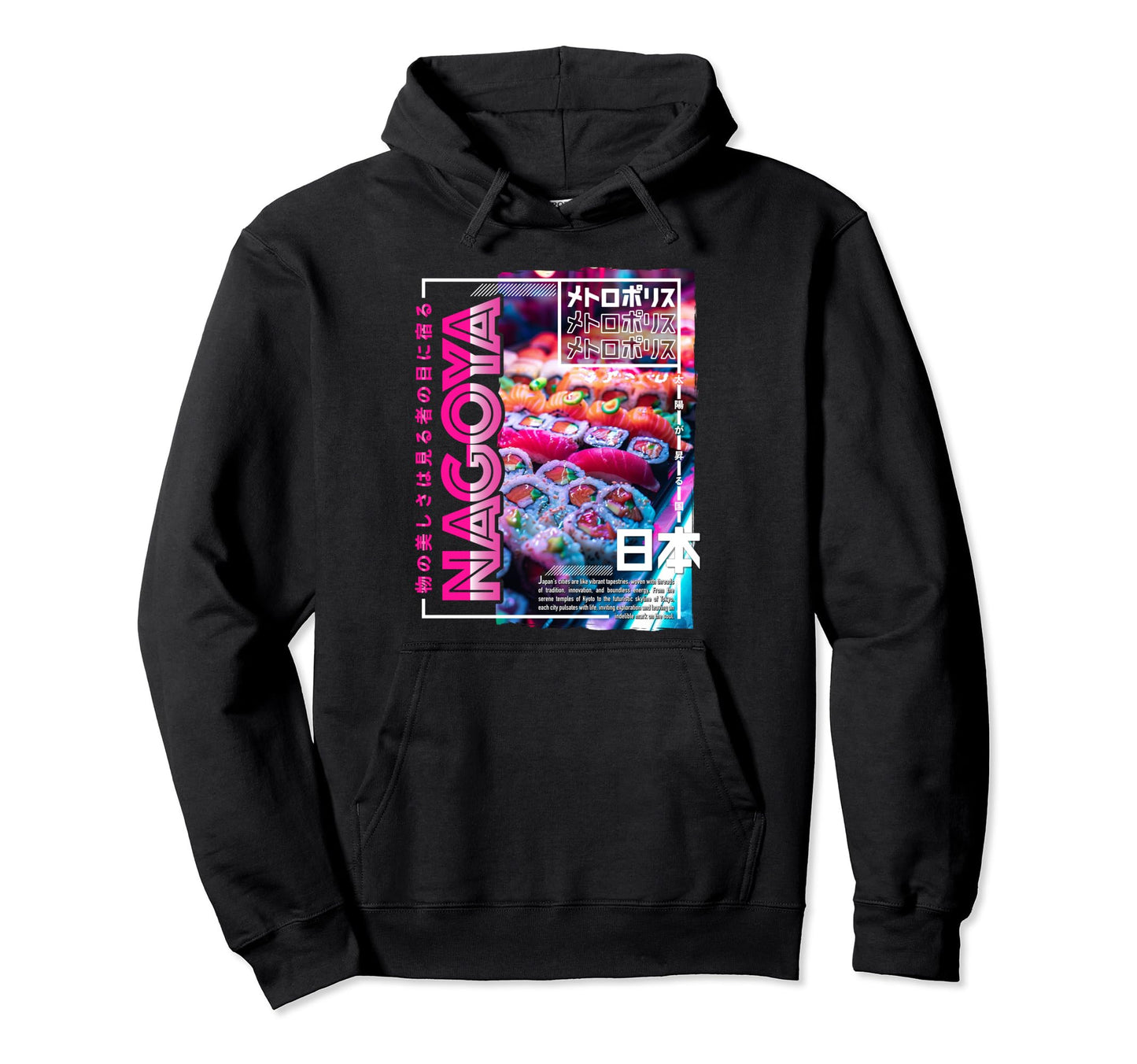 Nagoya City 80S Synthwave Sushi Hoodie - Fun Novelty Design Men Women - T-Shirt, Sweatshirt, Hoodie