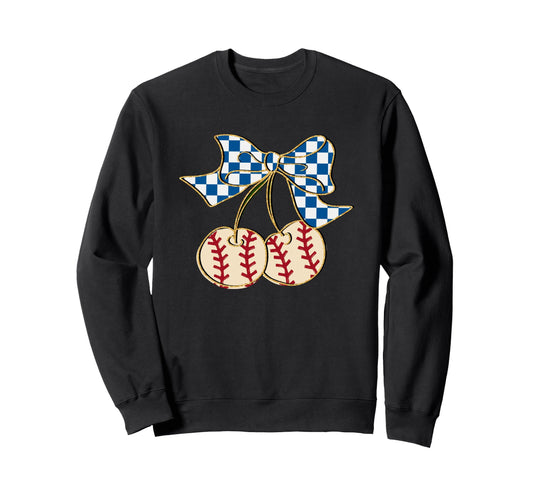 Baseball Cherry Gingham Bow Fun Sweatshirt - Unique Graphic Unisex - T-Shirt, Sweatshirt, Hoodie
