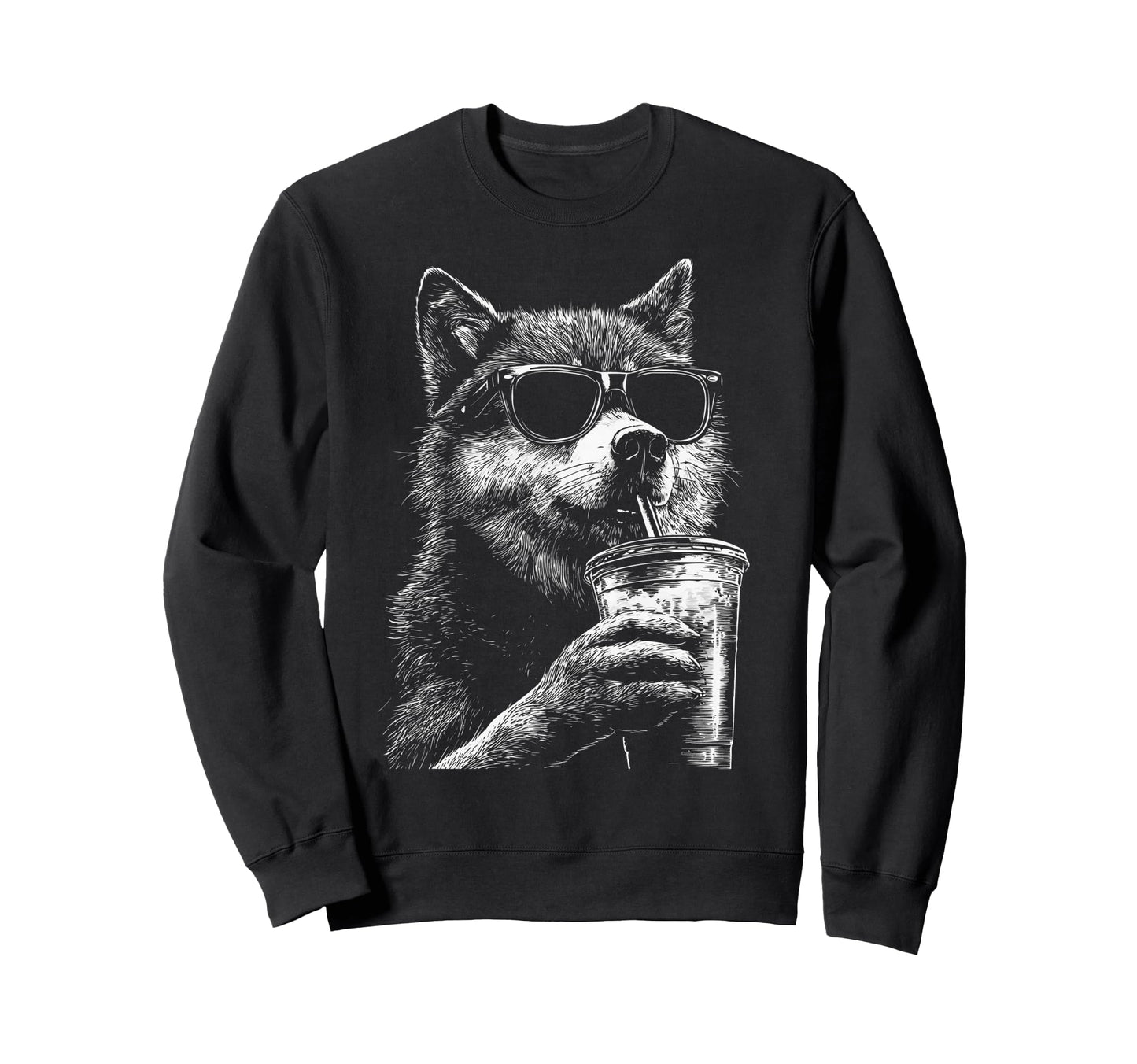 Wolf Drinking Iced Coffee Funny Sweatshirt - Unique Graphic Men Women - T-Shirt, Sweatshirt, Hoodie