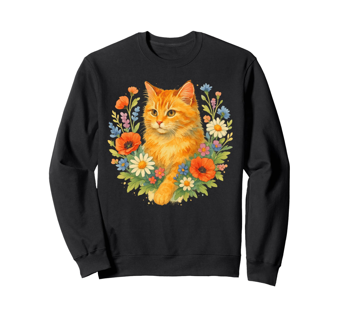 Floral Orange Cat Surrounded Sweatshirt - Casual Everyday Wear for Adults - T-Shirt, Sweatshirt, Hoodie